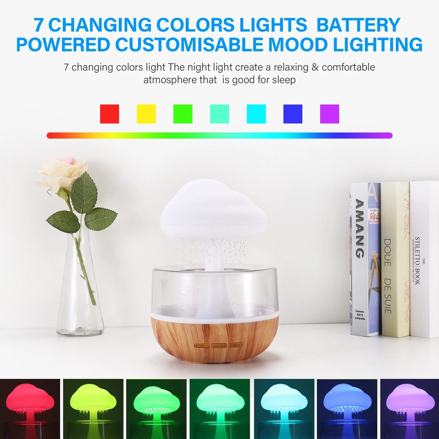 Ultrasonic Humidifier with LED light and rain cloud design, providing soothing mist and improving the ambiance and air quality of your space