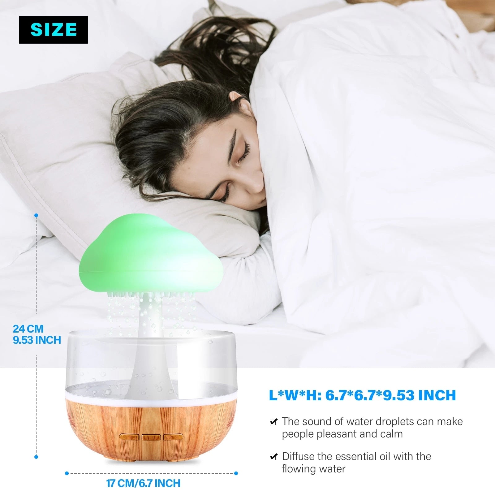 Rain Cloud Humidifier featuring an aromatherapy diffuser and LED light, designed to improve indoor air quality and relieve dry skin.